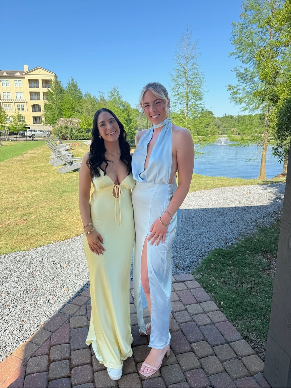 Pale Blue Satin Halter Column Dress